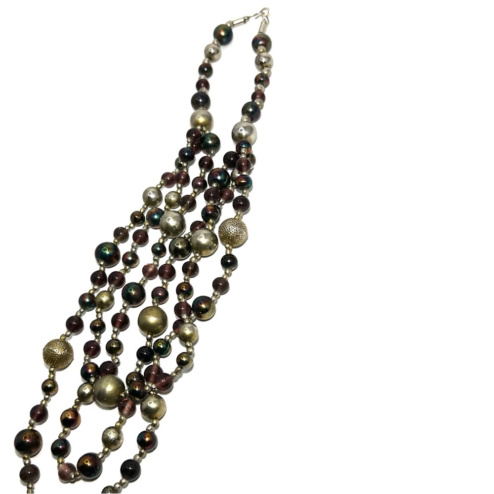 Vtg Triple Strand Amethyst Carnival Glass Bead Necklace Silver Beads 170 Grams